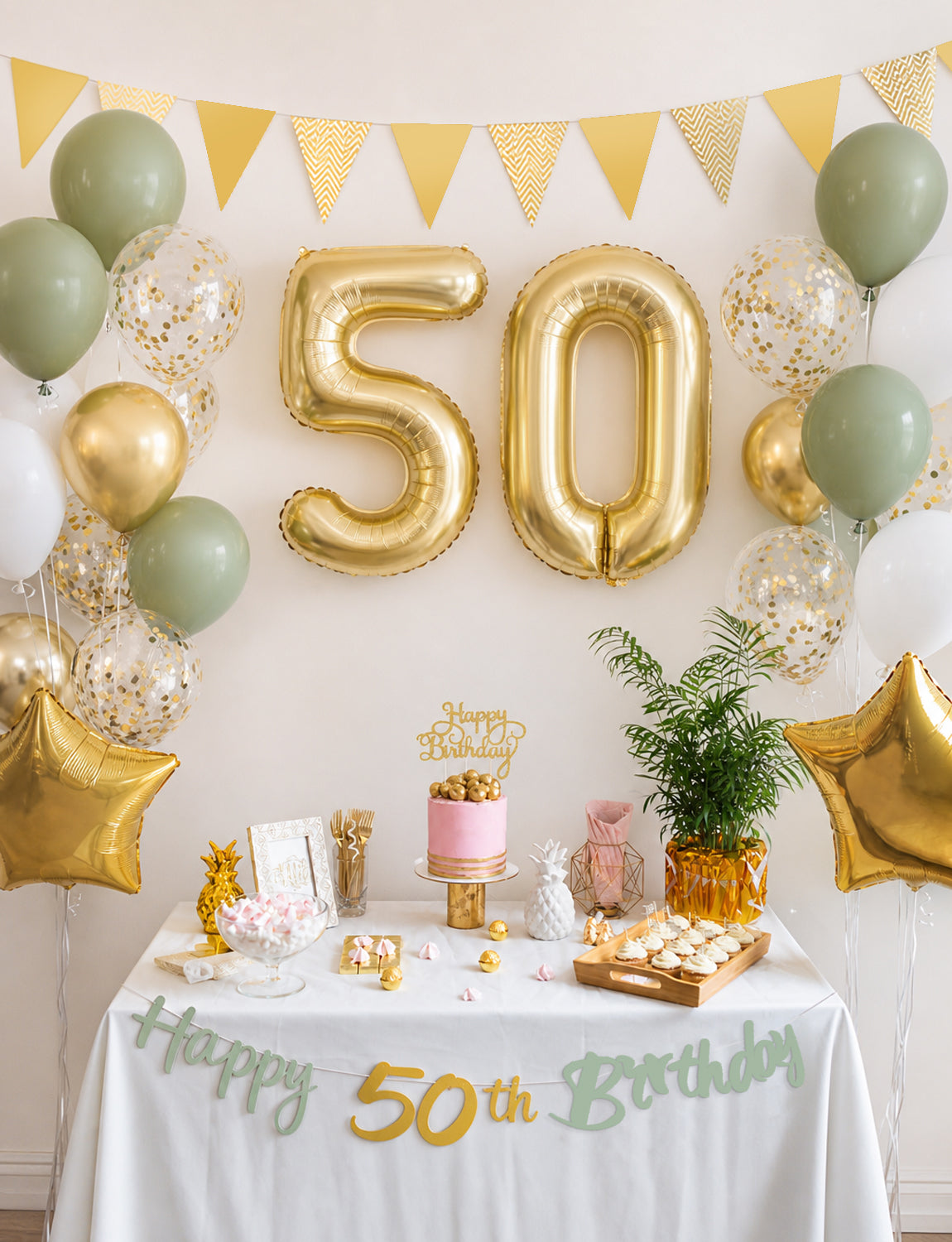 50th Birthday Decorations with 50th Birthday Banner for Women Men Sage Green Gold White Balloons, Number 50 Foil Balloon, Gold Bunting, Cake Topper for 50th Anniversary Birthday Party Decor