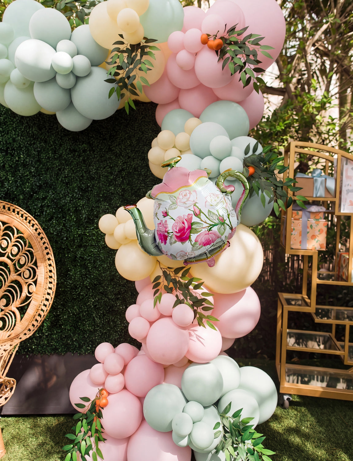 Tea Party Decorations - 144 Pcs Tea Party Balloon Arch Kit Garland Bright Pink Green Yellow Balloons Arch Kit with Large Teapot Foil Balloons for Let's Par Tea Birthday Spring Party Decorations