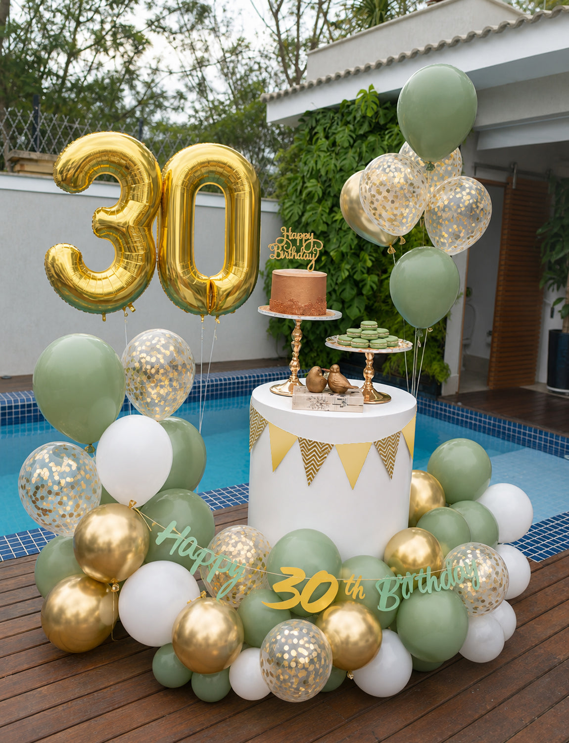 30th Birthday Decorations with 30th Birthday Banner for Women Men Sage Green Gold White Balloons, Number 30 Foil Balloon, Gold Bunting, Cake Topper for 30th Anniversary Birthday Party Decor