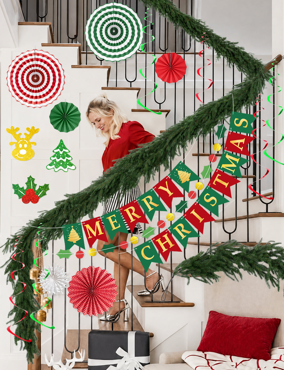Adeyoo Christmas Decorations, 18Pcs Merry Christmas Paper Decoration Banner Honeycomb Ball, Paper Fan, Snowflakes, Swirls and Merry Christmas Banner, Christmas Ceiling Decorations for Indoor Xmas Party