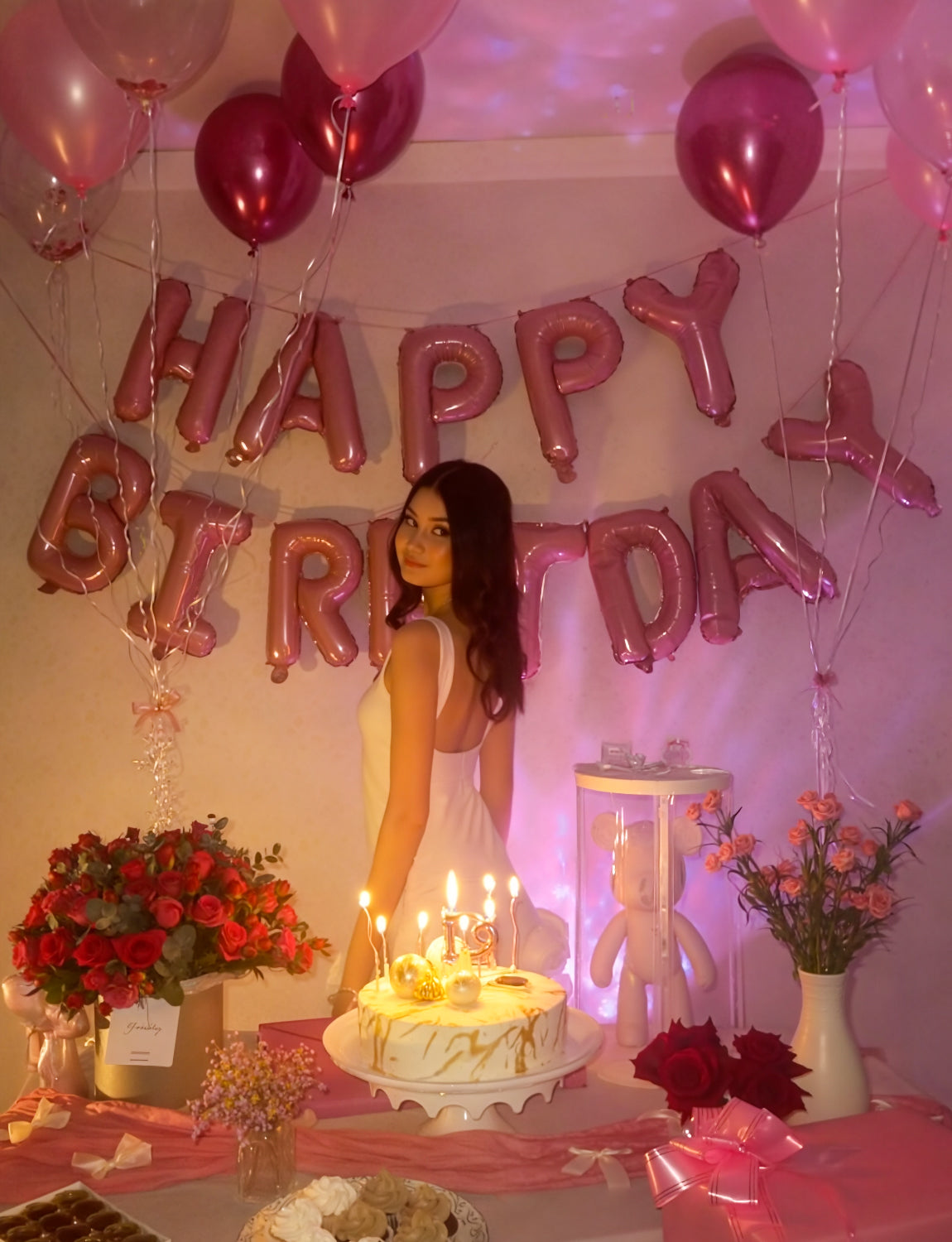 Adeyoo Pink Happy Birthday Balloons Banner - 16 Inch Pink Happy Birthday Foil Balloon Big Letter Balloons Self Inflating Hbd Sign Balloon for Girls Women Princess Boys Men Birth Party Decorations