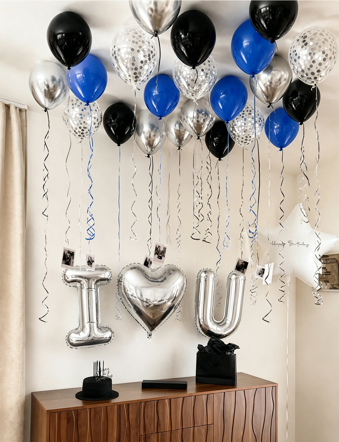 Blue and Black Proposal Decorations Kit - I Love You Balloons with Blue Black Silver Latex Confetti Balloons Heart Foil Balloons, 600Pcs Rose Petals Romantic Decoration Kit for Him/Her