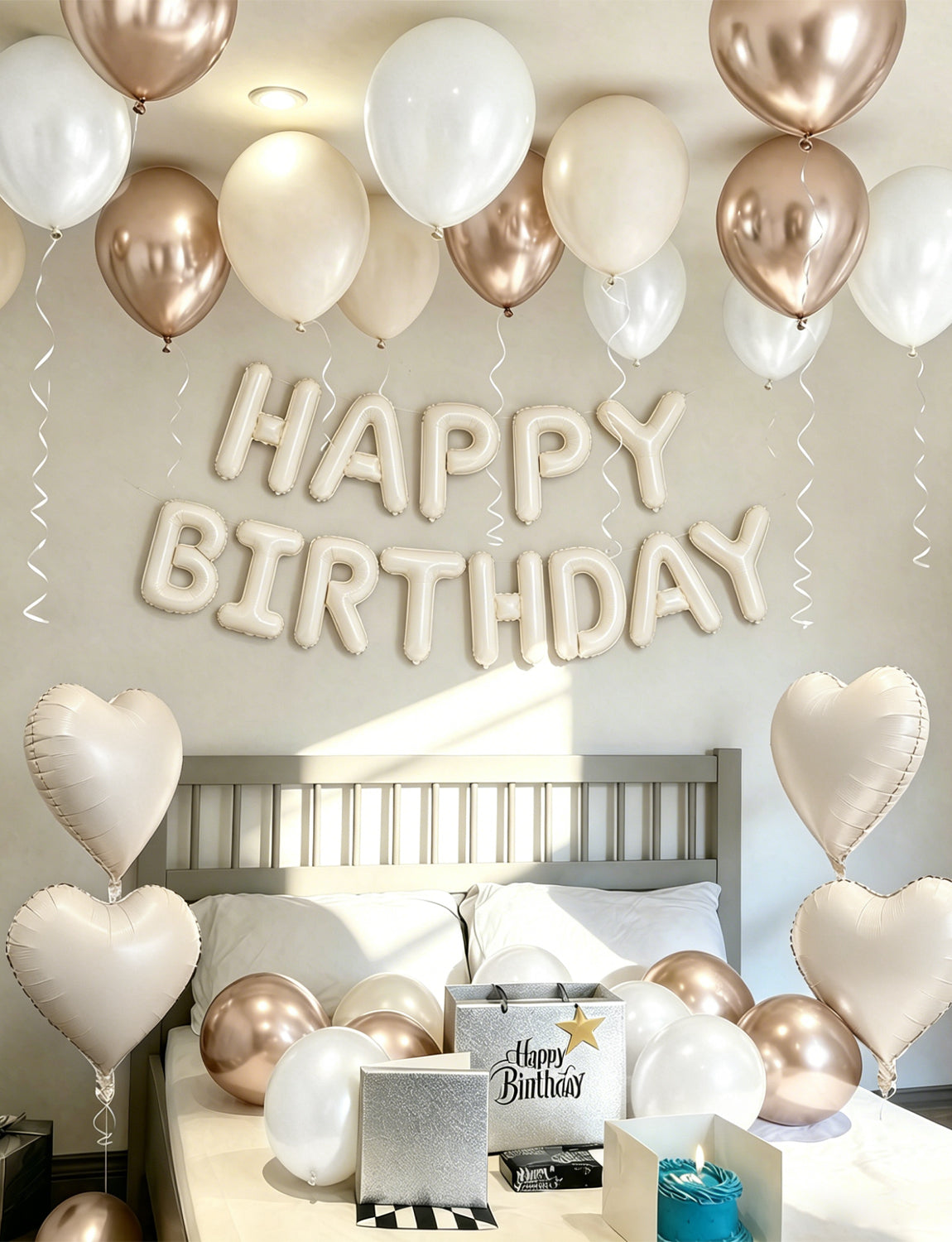 Cream Happy Birthday Balloons Banner - Big Beige Heart Foil Letter Balloon Banner with 12 Inch Metallic Pearl Sand White Balloons for Women Men Birthdays Boho Neutral Party Decorations