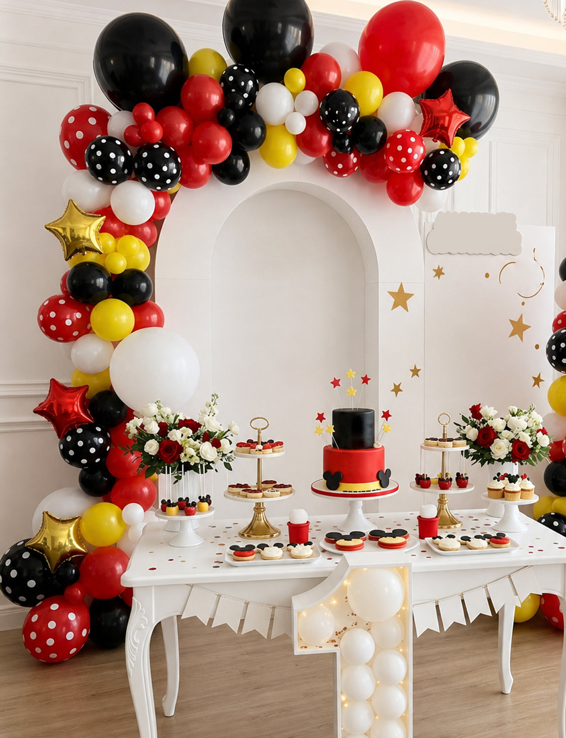 Red Black Yellow Balloon Garland Arch Kit for Birthday Party Decor 144 Pcs Different Size Latex Balloons, Polka Dots and star foil Balloon for Cartoon Mouse Theme Baby Shower Anniversary Party