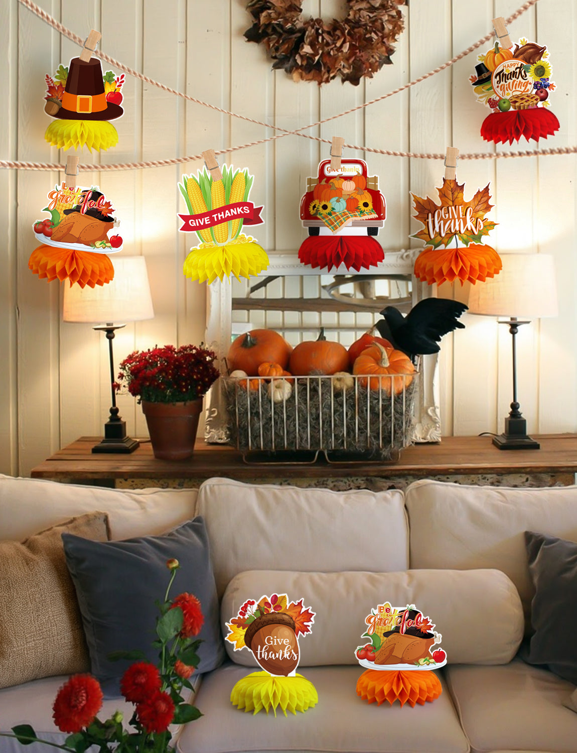 Thanksgiving Table Decorations, Fall Harvest Honeycomb Centerpieces | 9 Pcs Fall Table Decorations with Turkey and Pumpkin, Thanksgiving Centerpieces for Dinner Table, Home & Office Decorations