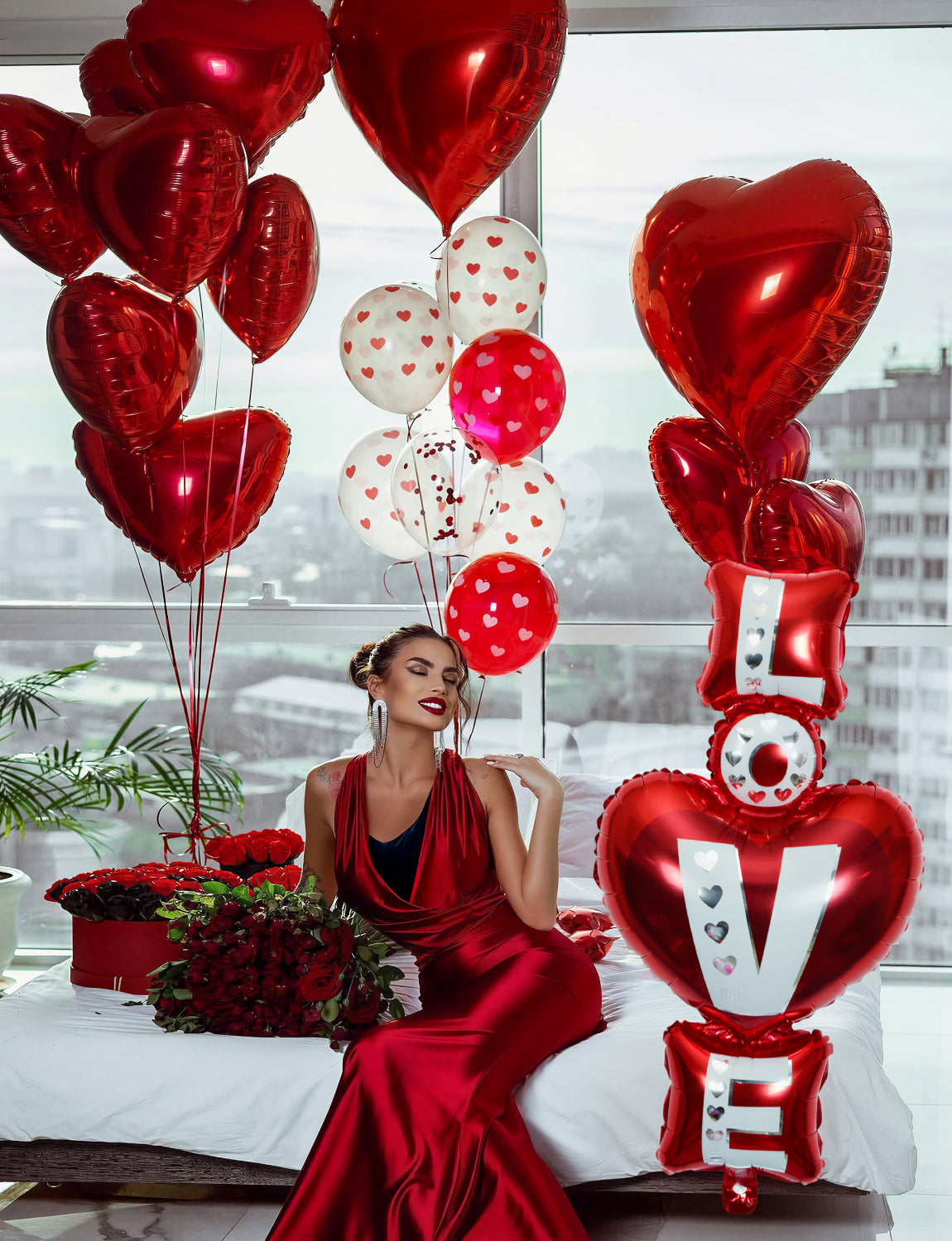 Happy Anniversary Decorations Set, Red Heart Balloons with Love Foil Balloons, Happy Anniversary Balloon Banner and Silk Rose Petals for Romantic Valentine's Day & Sweetest Day Supplies