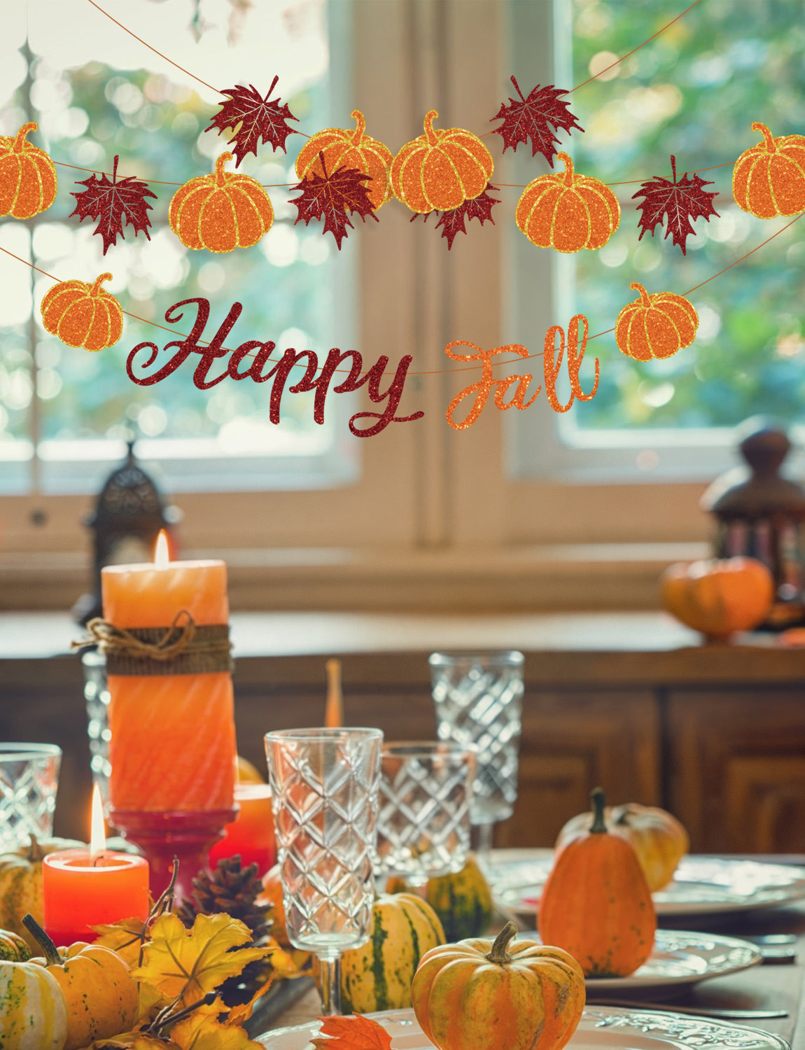 Happy Fall Banner, Fall Decorations with Pumpkin and Maple Leaves | 3-Piece Glitter Fall Banner Set, Thanksgiving Party Decorations for Home, Mantel, Wall, Office, Autumn Harvest Celebrations