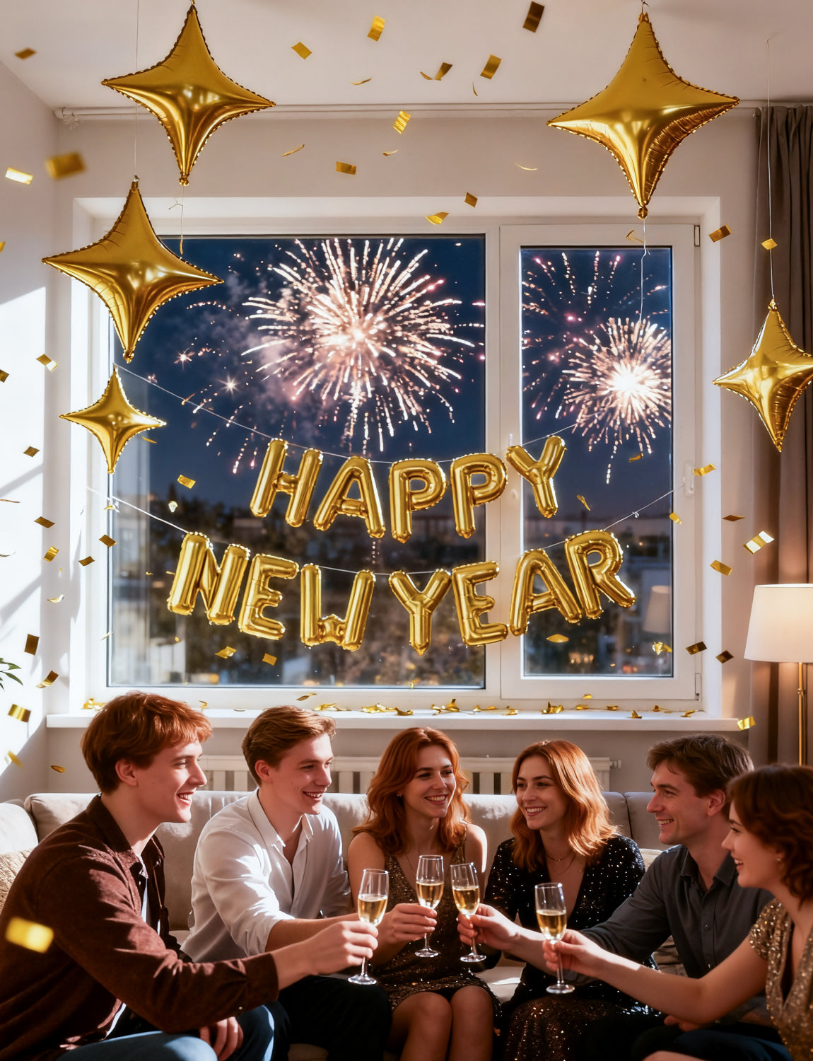 Adeyoo Happy New Year Balloons - 16 Inch Happy New Year Balloons Banner with Gold Star Big Letter Balloon Reusable Self Inflating Balloon for New Years Eve Party Decorations