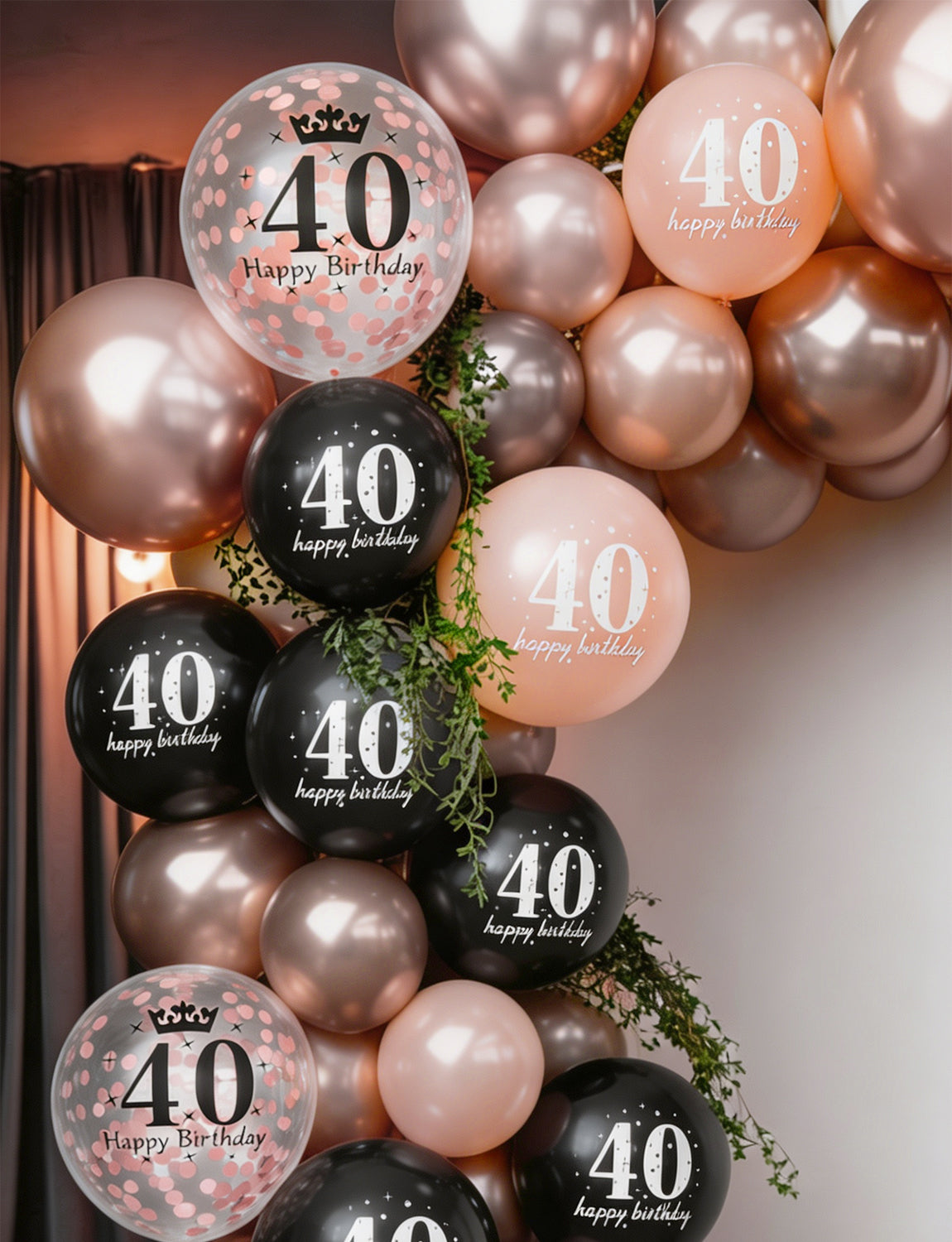40th Birthday Balloons, Rose Gold and Black Balloons for Party Decor 24 Pcs 12 Inch Happy Birthday Balloons, Metallic and Pearl Rose Gold Balloons with Confetti, 40th Birthday Party Decorations