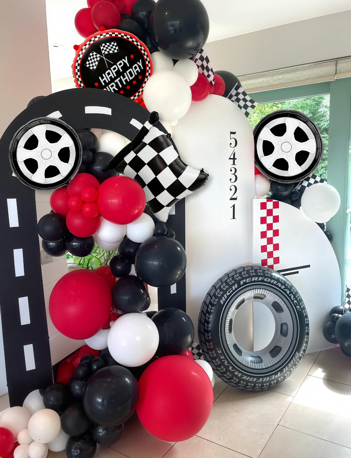 Adeyoo Race Car Balloons Arch Garland Kit - 102Pcs Red Black Silver Balloon Arch with Checkered Wheels Race Car Foil Balloons for Racing Themed Birthday Baby Shower Party Decorations