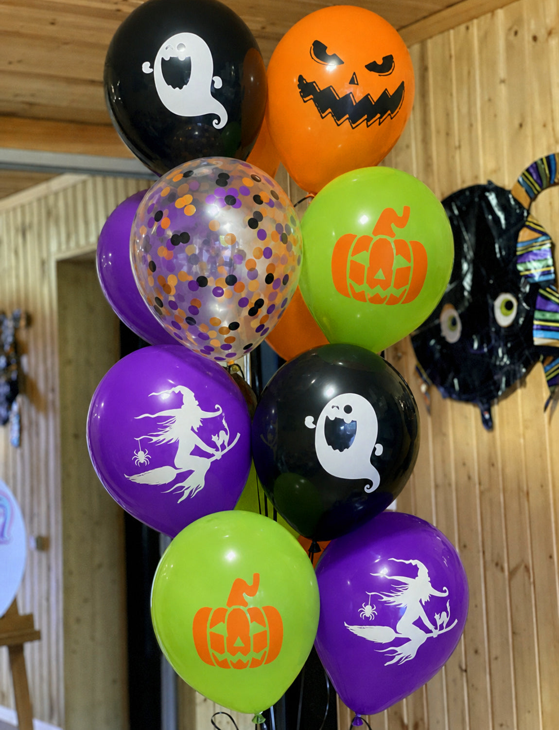 Halloween Balloons, 50 Pcs 12 Inch Black Orange Purple Green Balloon Halloween Latex Balloons with Confetti, Witch Pumpkin Ghost Print Balloons, Halloween Decorations for Spooky Birthday Party