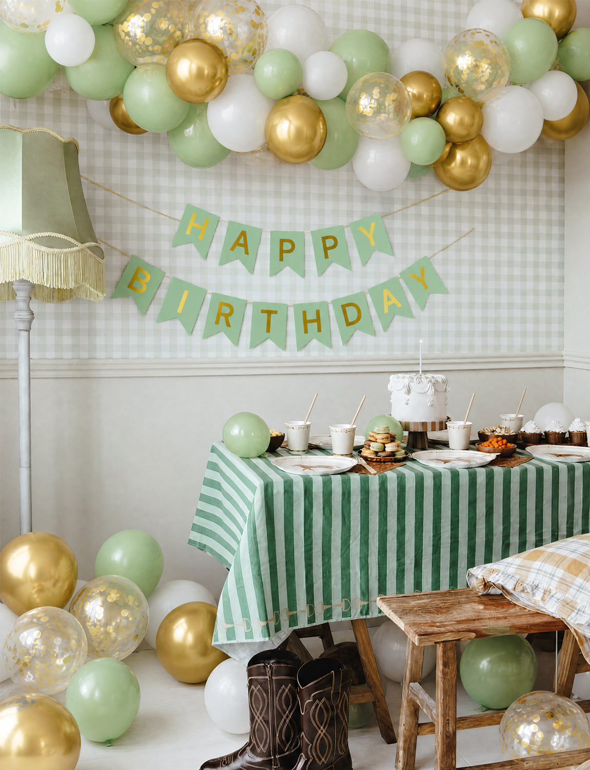 Green and Gold Happy Birthday Banner - Green Party Decorations with 12 Inch White and Gold Happy Birthday balloons Reusable Bunting Banner for Men Women Pet Happy Birth Party Decorations