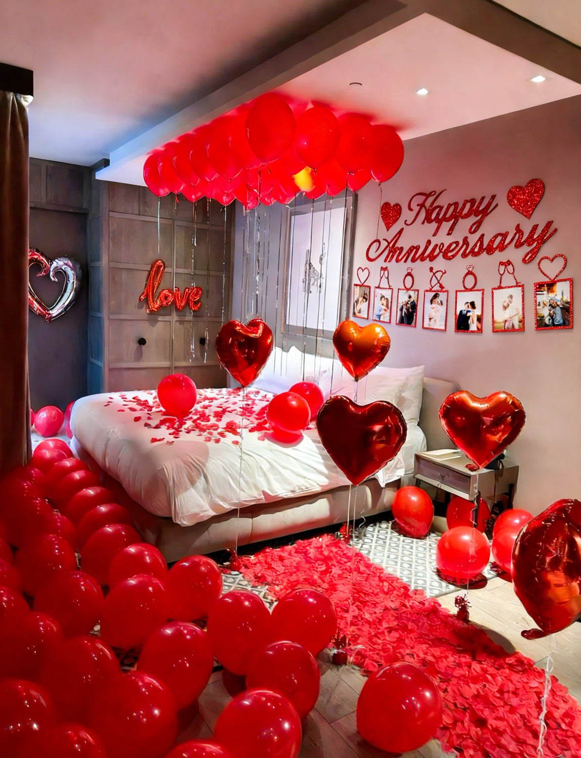 Adeyoo Anniversary Decorations - Valentines Day Decorations with Happy Anniversary Banner and Photo Banner, Red Heart Balloons I Love You Foil Balloons Rose Petals for Romantic Valentines Party