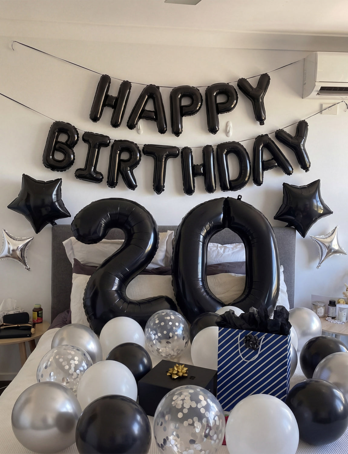 Black Happy Birthday Balloons - Happy Birthday Banner Balloons with Black White Silver Latex Confetti Balloon, Star Foil Balloon for Men Boys Birthdays Party Decorations, Photo Shoot Supplies