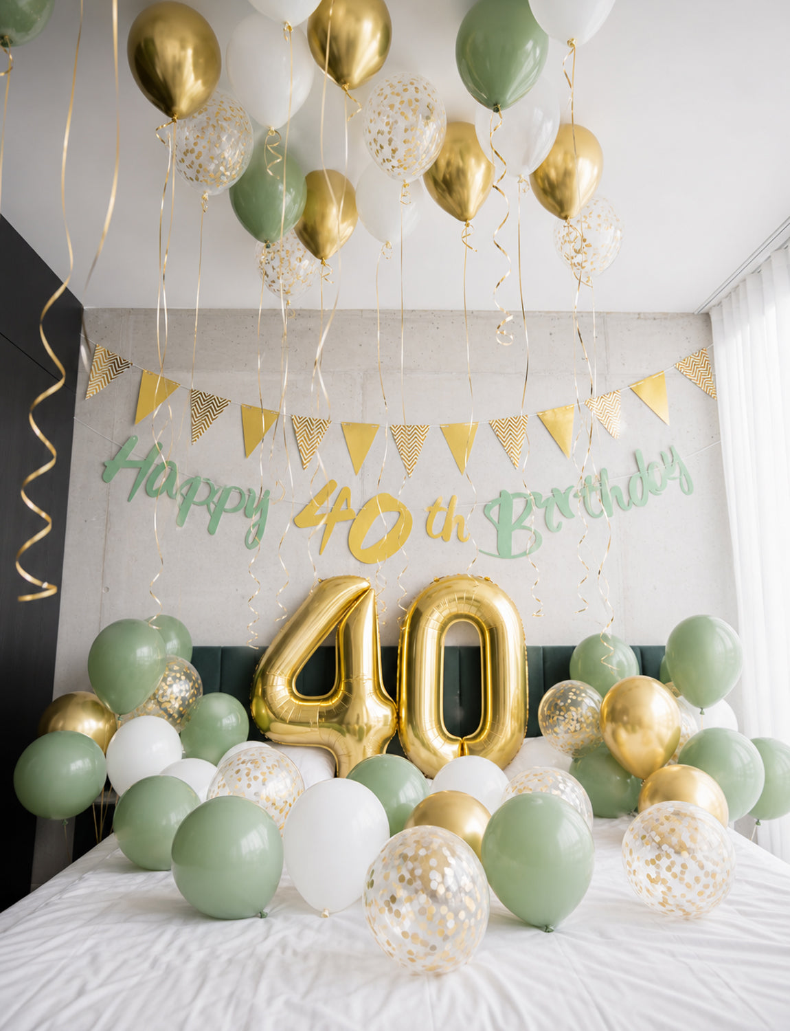 40th Birthday Decoration with Happy 40th Birthday Banner for Women Sage Green Gold White Balloons, Number 40 Foil Balloon, Gold Bunting, Cake Topper for 40th Anniversary Birthday Party Decor