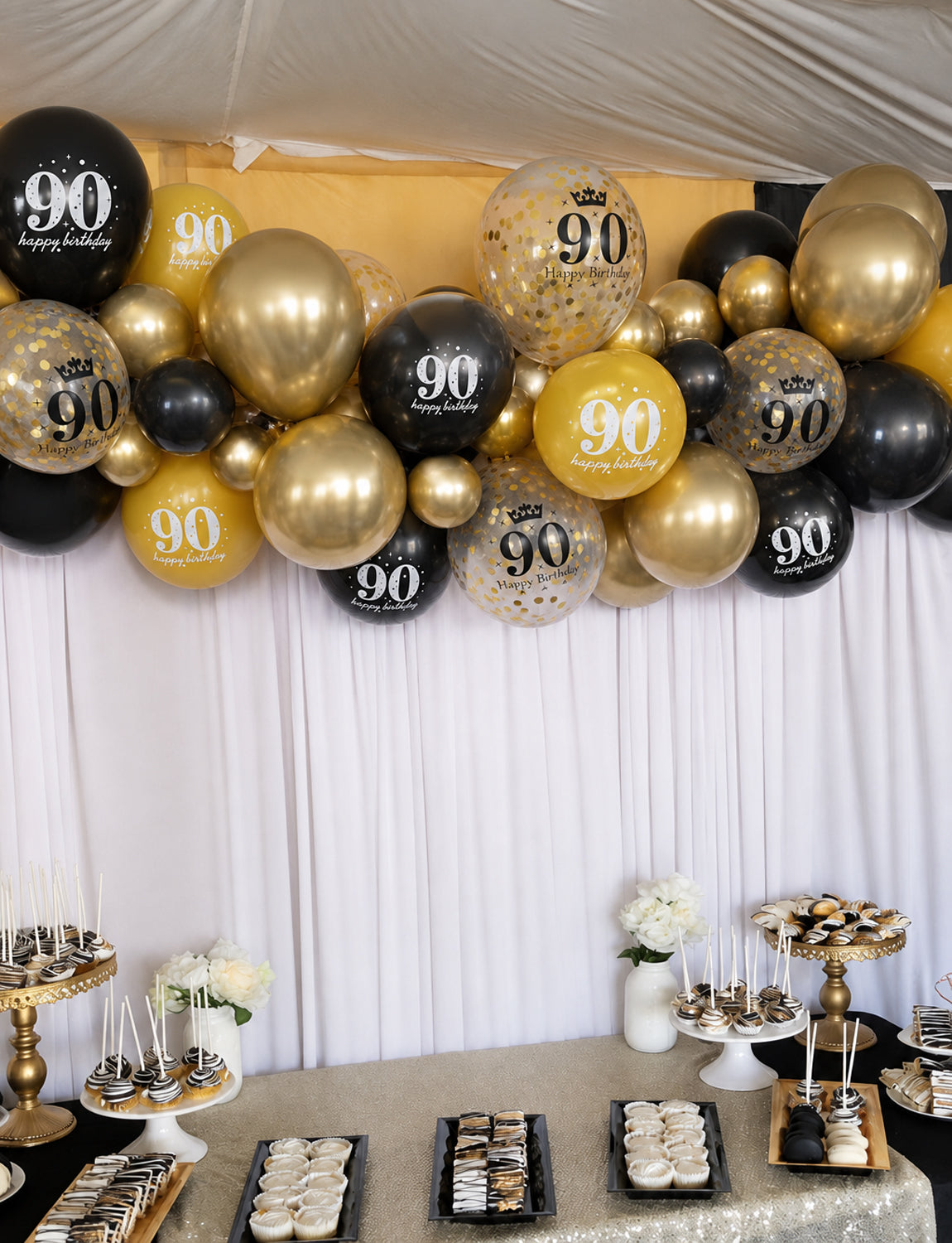 90th Birthday Balloons, 24 Pcs Black Gold Balloons for Men & Women 12 Inch Black and Gold Birthday Balloons, Gold Confetti Latex Balloons, 90th Birthday Decorations for Him & Her