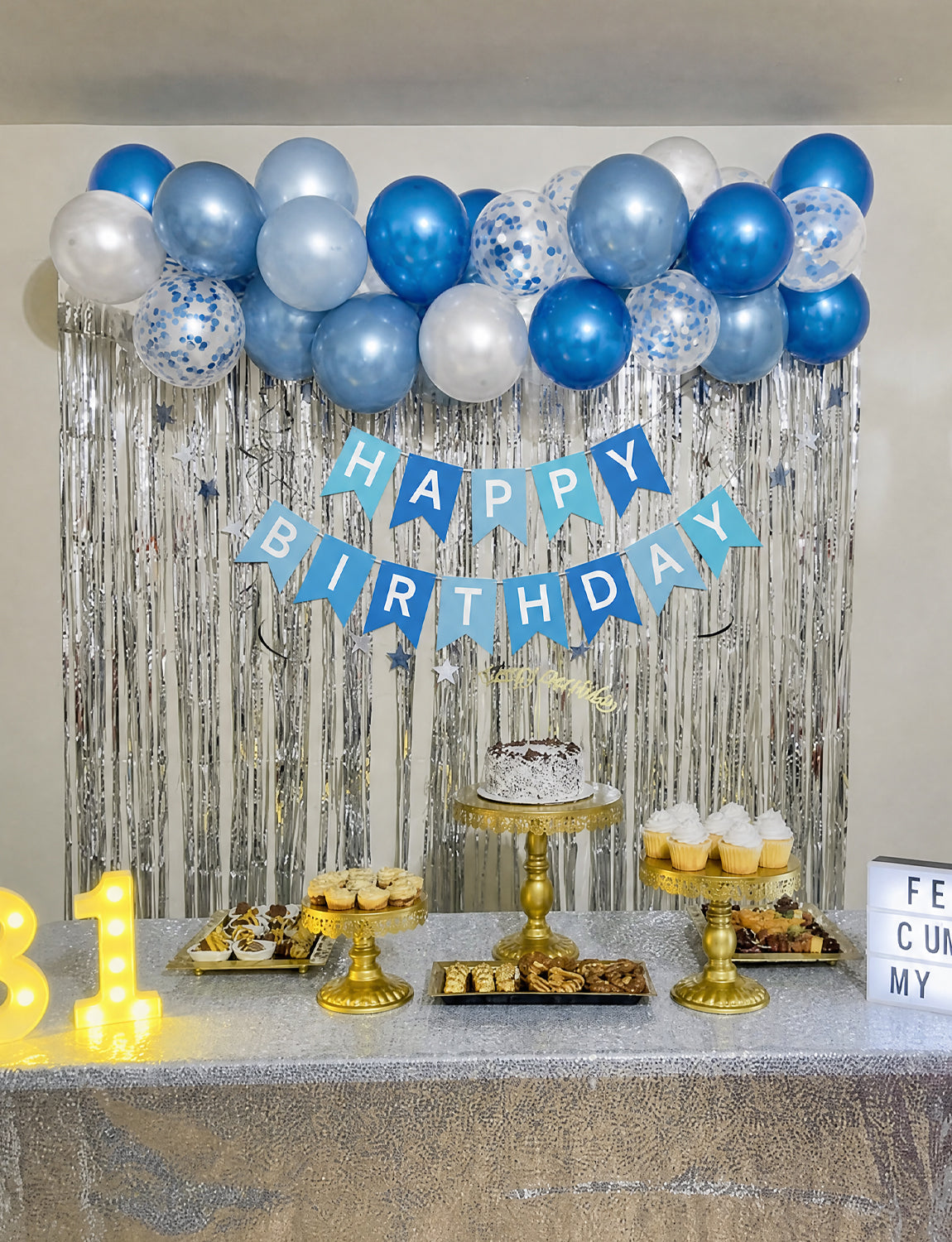 Blue Happy Birthday Banner - Pearl Blue and White Balloons with Reusable Happy Birthday Banner Glitter Party Decorations for Men Boys Pet Birth Party, Photo Shoot Supplies