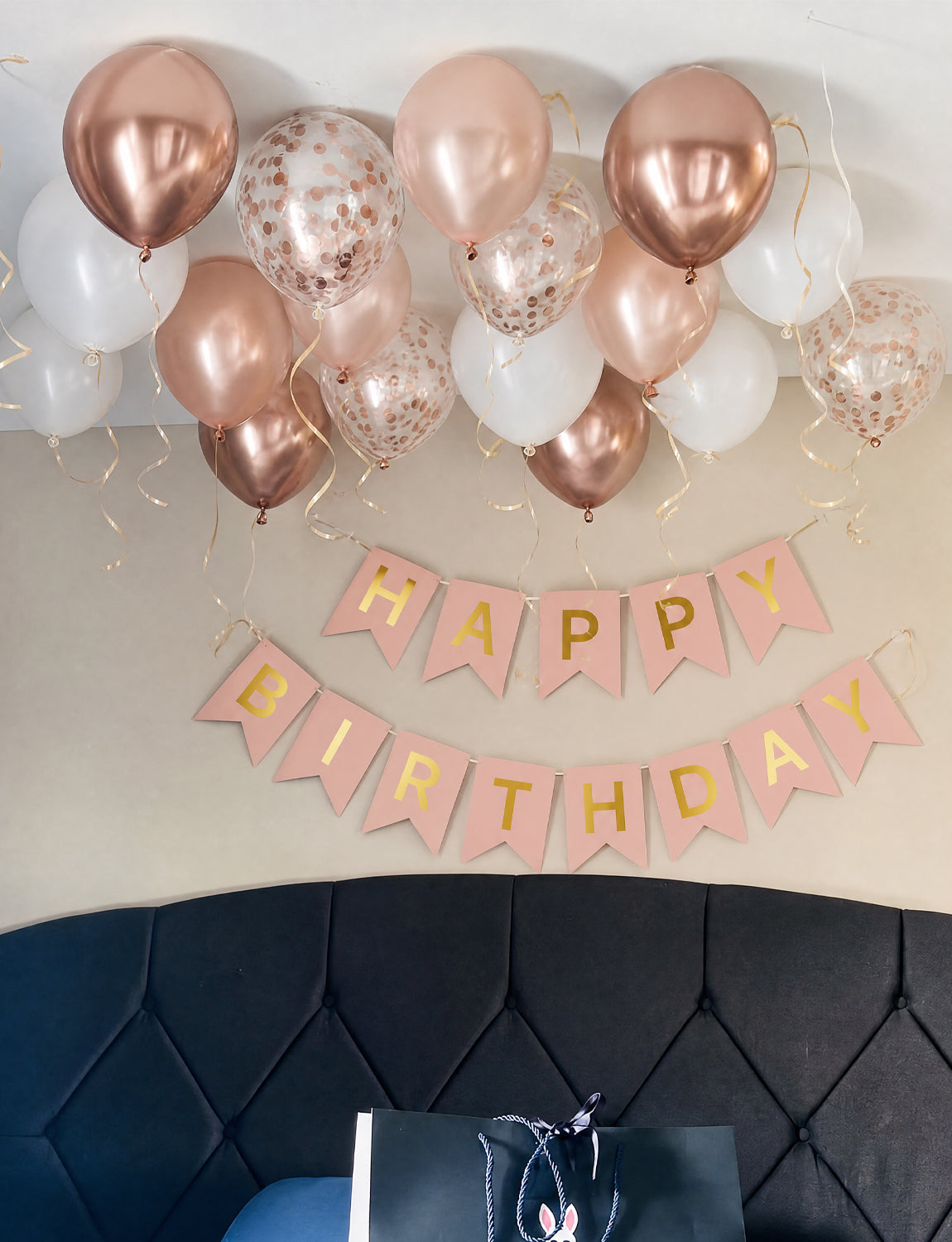 Rose Gold Birthday Decorations - Happy Birthday Banners with 12 Inch Rose Gold Latex Confetti Balloons Reusable Bunting Banner for Girls Women Pet Happy Birth Party Decorations
