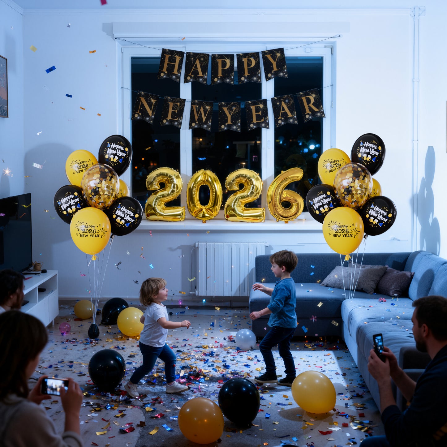 Adeyoo New Years Eve Decorations 2026 XXL Set - New Year Decorations with 2026 Giant Foil Balloons, Black and Gold Happy New Year Banner and Latex Confetti Balloons for Happy New Years Eve Party