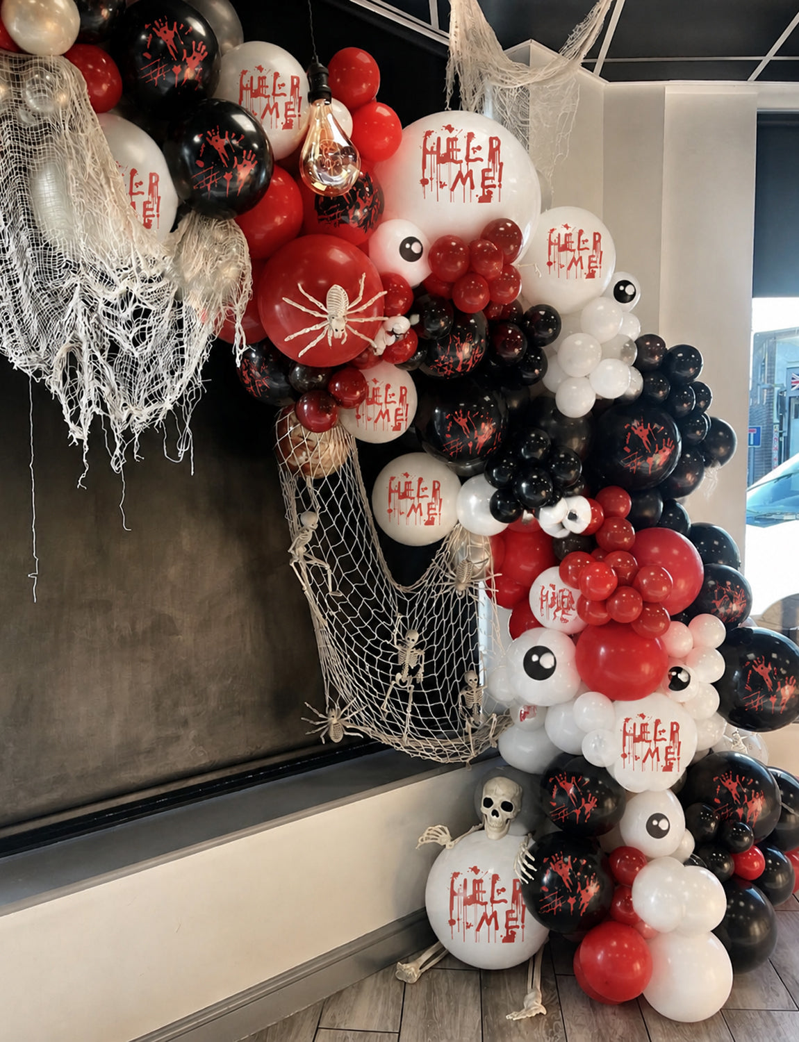 Halloween Balloon Garland Arch Kit, Bloody Black Red White Balloons 130 Pcs Halloween Balloon with Spider Web and 3D Bat Stickers for Horror Party, Haunted House, Birthday and Photo Booth Decor