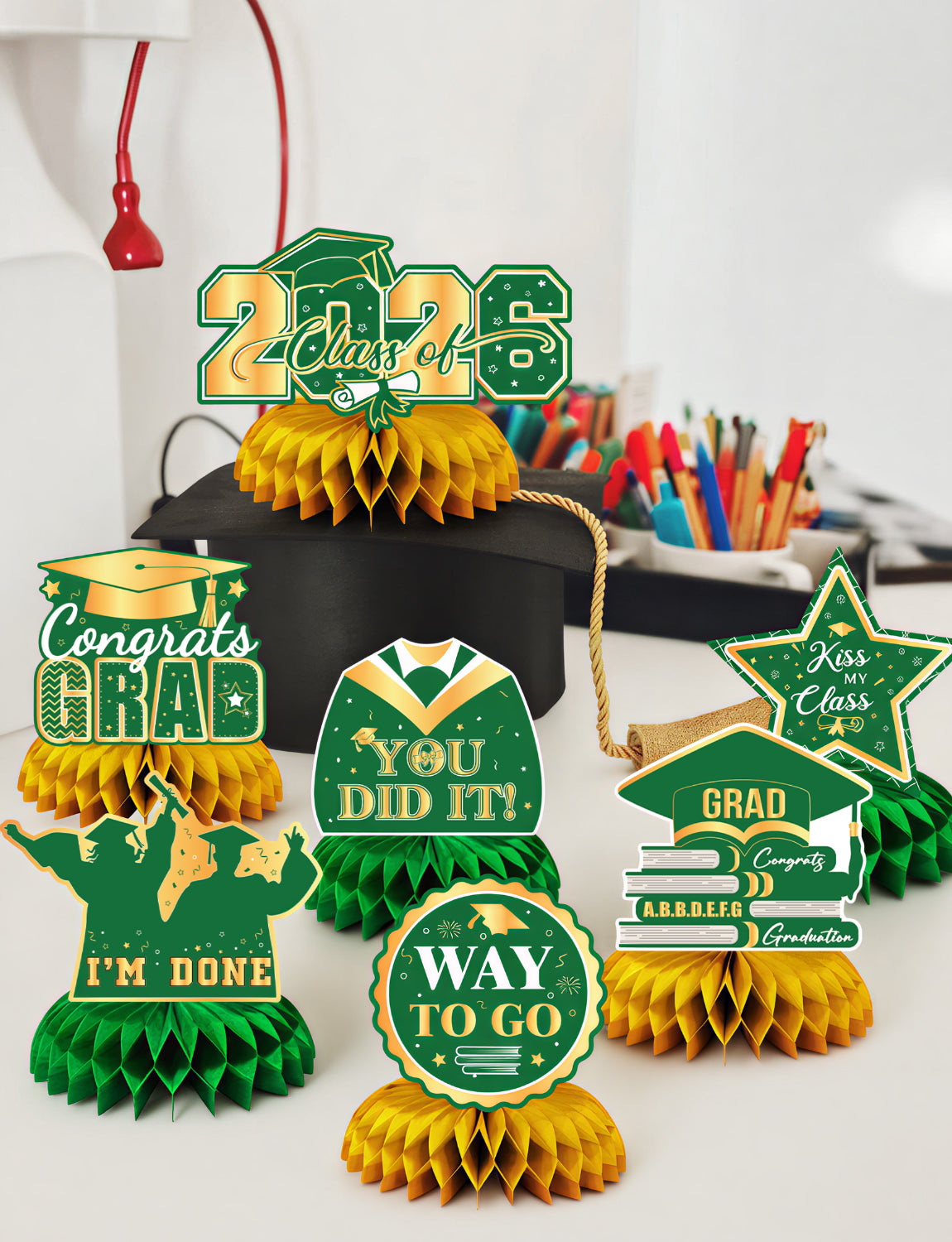 Graduation Table Decorations Class of 2026, 9Pcs Graduation Centerpieces for Tables Green Gold Honeycomb Centerpiece Congrats Grad Table Toppers Congratulate Decorations for Grad Party Supplies