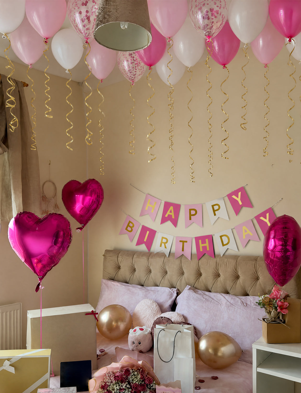 Pink Birthday Decorations - Happy Birthday Banner with 12 Inch Pink and White Latex Confetti Balloons Reusable Bunting Banner for Girls Women Pet Happy Birth Party Decorations