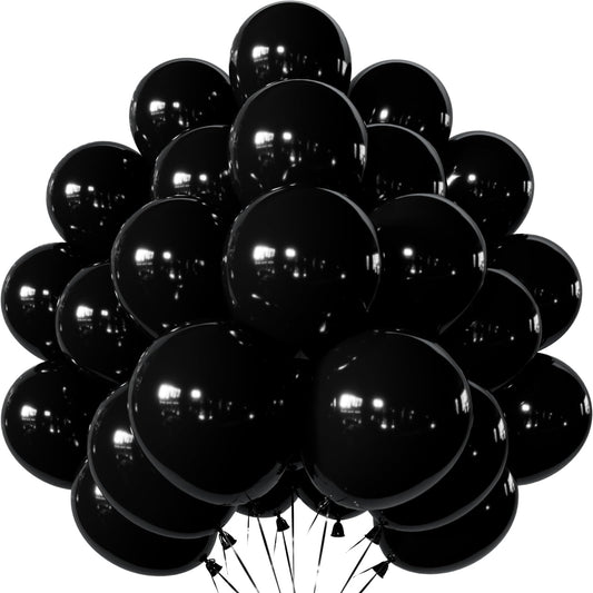Adeyoo Black Balloons 12 Inch - Black Latex Balloons Round Latex Balloon with Ribbons, Shiny Party Balloon for Garland or Arch, Birthday Retirement Wedding Party Decorations, Photo Backdrop Supplies