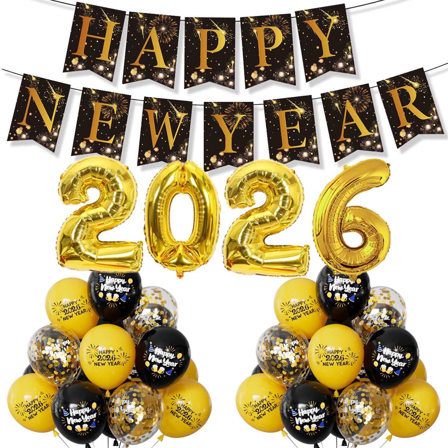Adeyoo New Years Eve Decorations 2026 XXL Set - New Year Decorations with 2026 Giant Foil Balloons, Black and Gold Happy New Year Banner and Latex Confetti Balloons for Happy New Years Eve Party