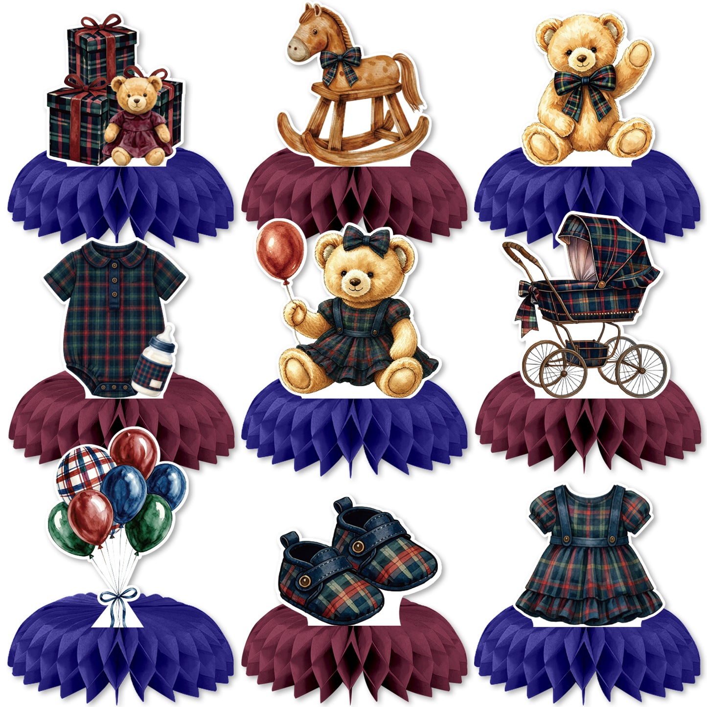 Teddy Bear Baby Shower Table Decorations, Tartan Plaid Centerpieces 9 Pcs Teddy Bear Centerpieces for Tables, 3D Rocking Horse Honeycomb Centerpieces for Baby Girl Shower, Gender Reveal Party