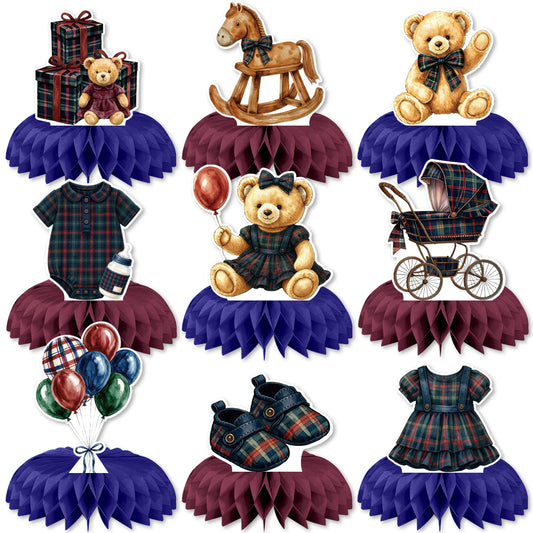Teddy Bear Baby Shower Table Decorations, Tartan Plaid Centerpieces 9 Pcs Teddy Bear Centerpieces for Tables, 3D Rocking Horse Honeycomb Centerpieces for Baby Girl Shower, Gender Reveal Party