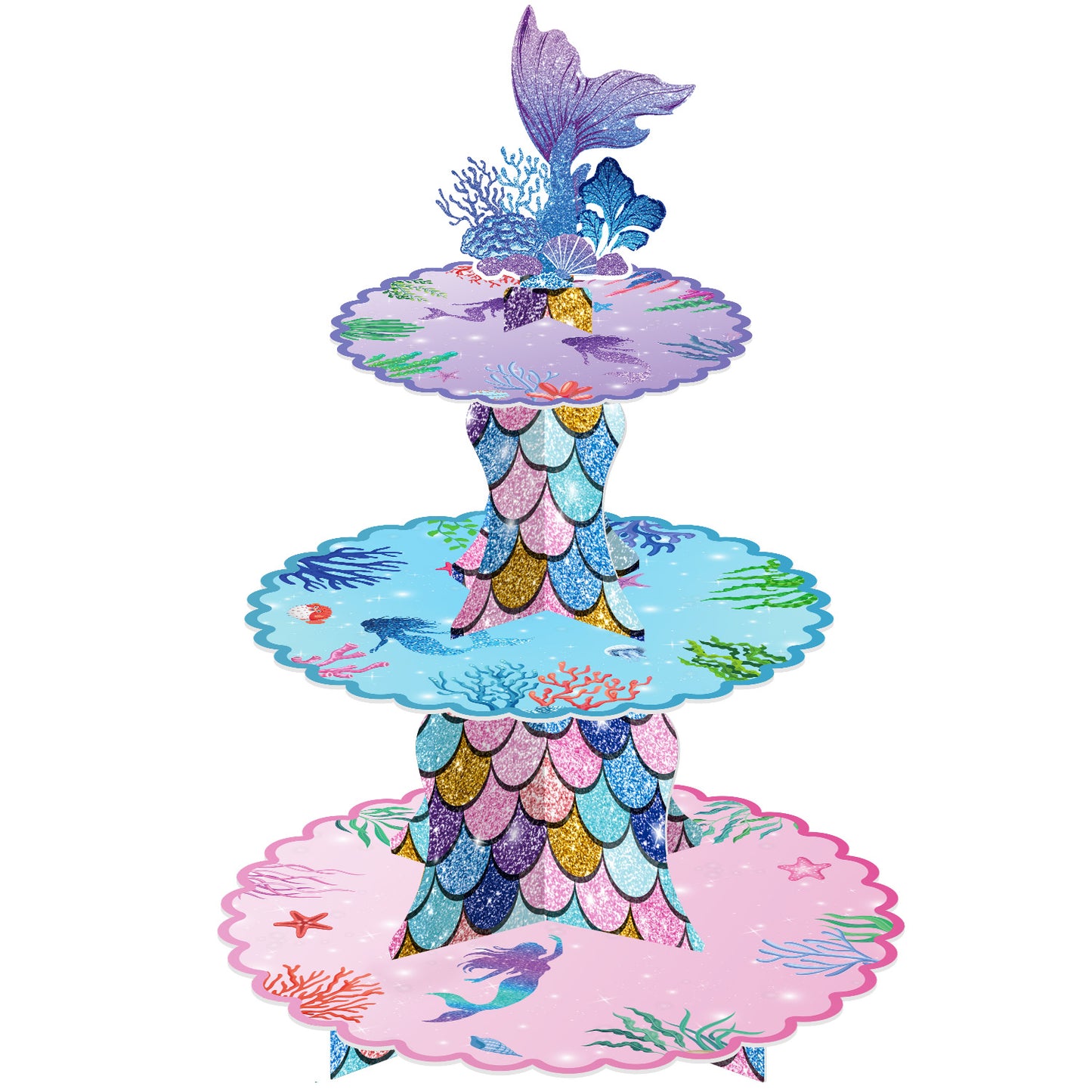 3 Tier Mermaid Cupcake Stand, Mermaid Party Decorations Mermaid Cupcake Holder for Dessert Table Display, Glitter Mermaid Cardboard Cupcake Stand, Under The Sea Party Supplies