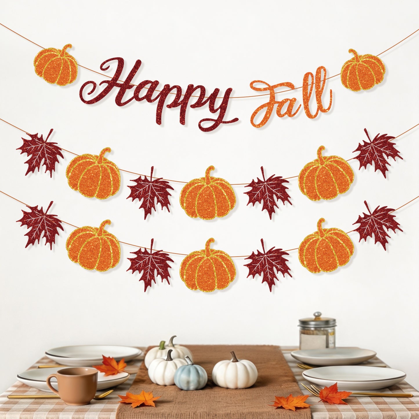 Happy Fall Banner, Fall Decorations with Pumpkin and Maple Leaves | 3-Piece Glitter Fall Banner Set, Thanksgiving Party Decorations for Home, Mantel, Wall, Office, Autumn Harvest Celebrations