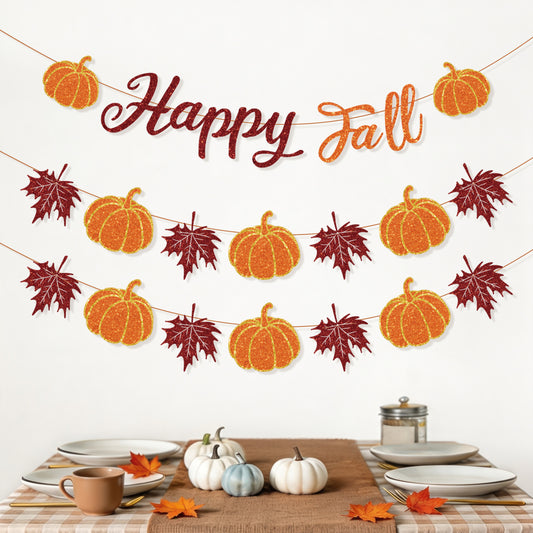 Happy Fall Banner, Fall Decorations with Pumpkin and Maple Leaves | 3-Piece Glitter Fall Banner Set, Thanksgiving Party Decorations for Home, Mantel, Wall, Office, Autumn Harvest Celebrations