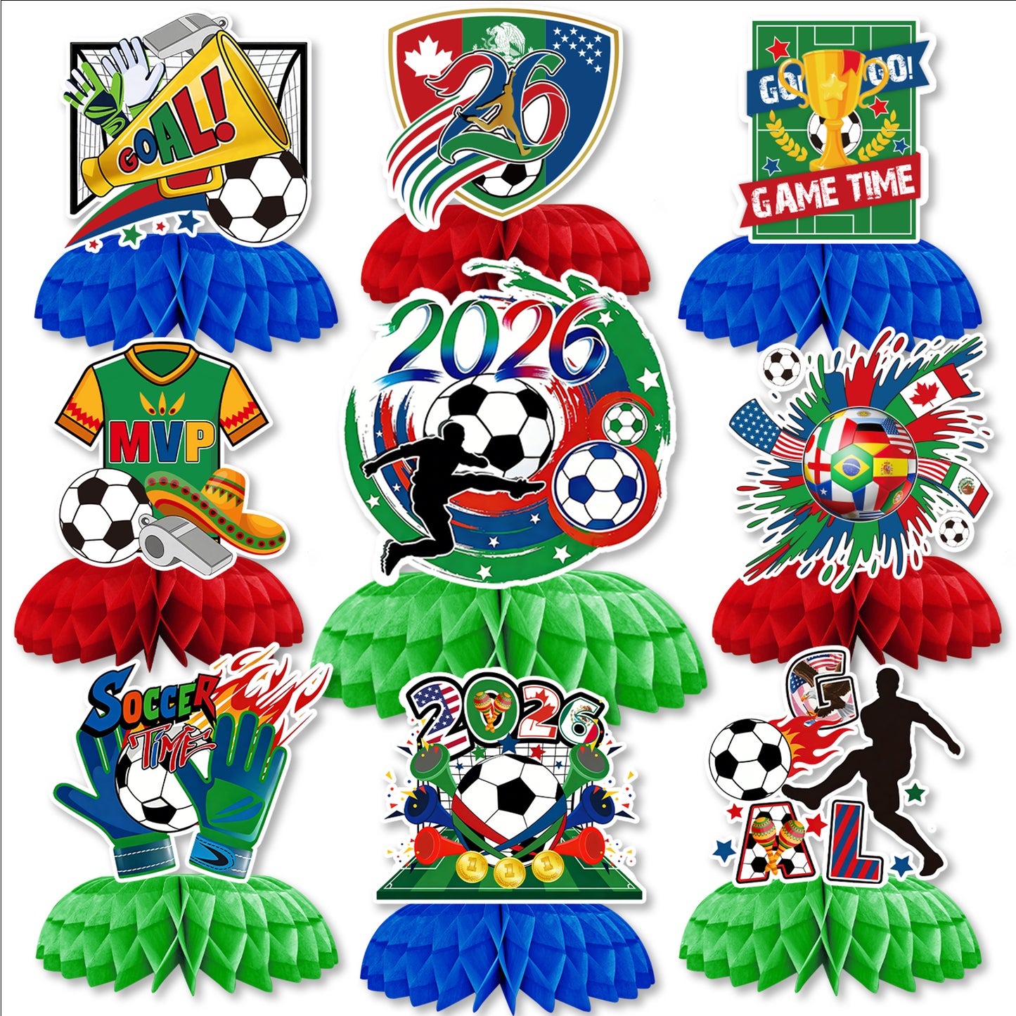 Soccer Table Decorations, 9PCS Soccer Centerpieces for Table, Green Red Blue Honeycomb Centerpieces, 3D Sports Themed Party Decorations for Game Day, Birthday & Sports Watch Party Supplies