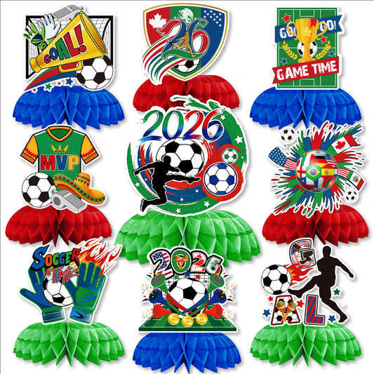 Soccer Table Decorations, 9PCS Soccer Centerpieces for Table, Green Red Blue Honeycomb Centerpieces, 3D Sports Themed Party Decorations for Game Day, Birthday & Sports Watch Party Supplies