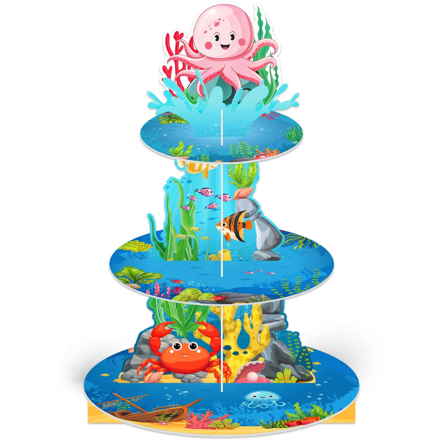 3 Tier Ocean Cupcake Stand, Under The Sea Cupcake Holder Cardboard Cupcake Stand for Dessert Table Display, Ocean Dessert Stand for Shark Mermaid Under the Sea Themed Birthday Party