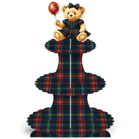 3 Tier Red Green Tartan Cupcake Stand, Teddy Bear Cupcake Holder Vintage Cardboard Cupcake Stand for Dessert Table Display, Bear Decorations for Baby Shower Gender Reveal Birthday Party