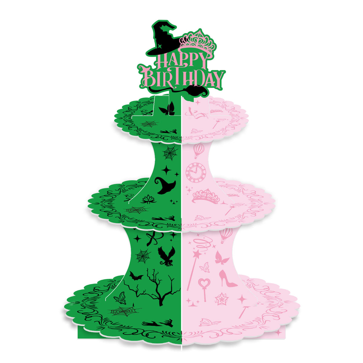 3 Tier Witch Cupcake Stand, Pink Green Birthday Cupcake Holder Witch Cupcake Stand with "Happy Birthday", Cup Cake Stand for Dessert Table Displays, Witch Birthday Party Decorations