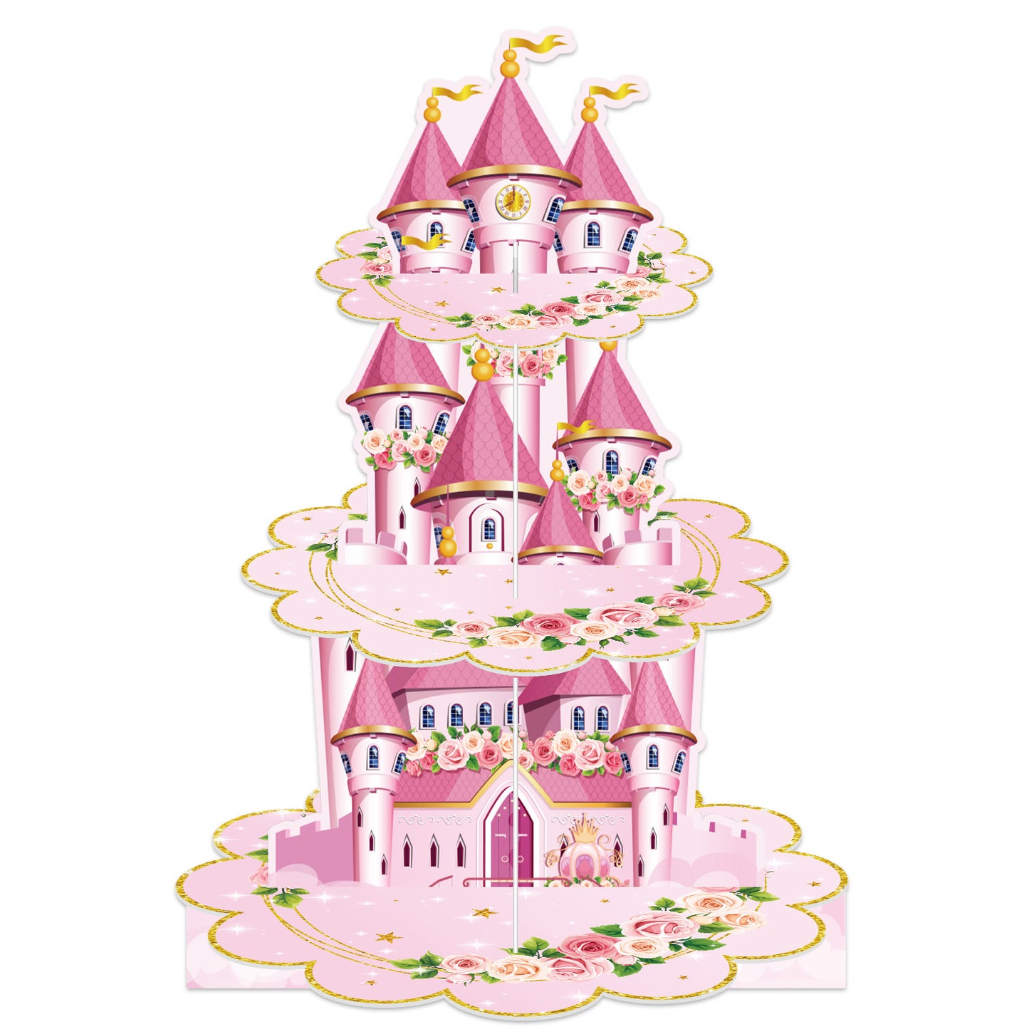 3 Tier Princess Cupcake Stand Floral Castle Cupcake Holder for Girls Pink Cardboard Cupcake Stand for Dessert Table Display, Princess Decor for Birthday Baby Shower Fairy Party Decorations