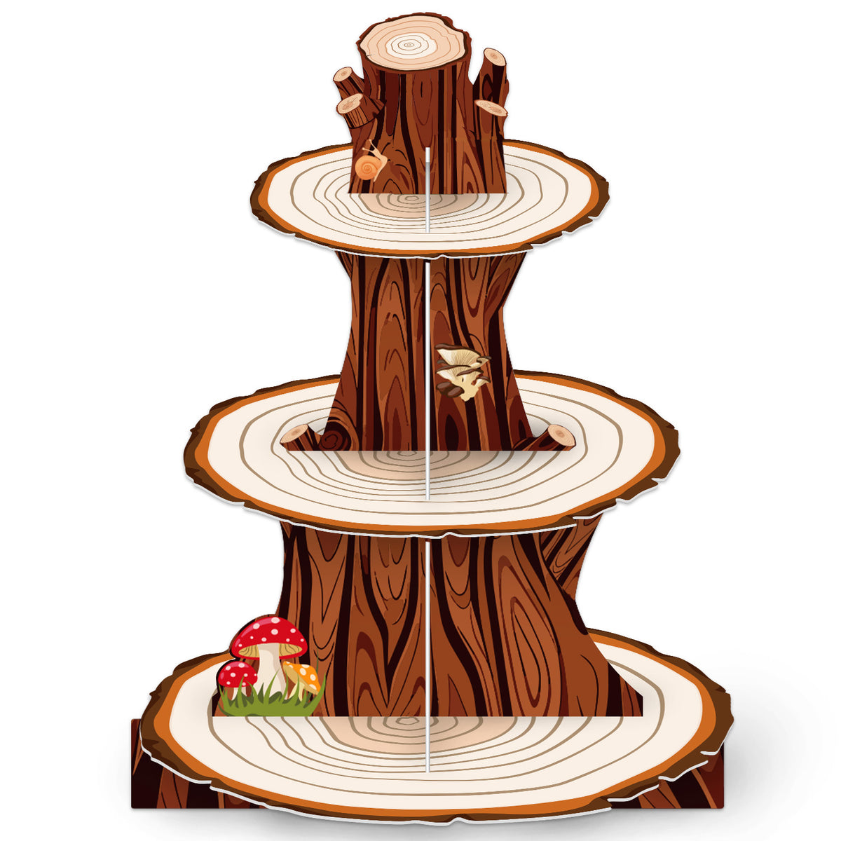 3 Tier Woodland Cupcake Stand, Rustic Wood Cupcake Holder Stand Wooden Cake Stand for Dessert Table Display, Woodland Cardboard Cupcake Stand for Camping Birthday Safari Party Decoration
