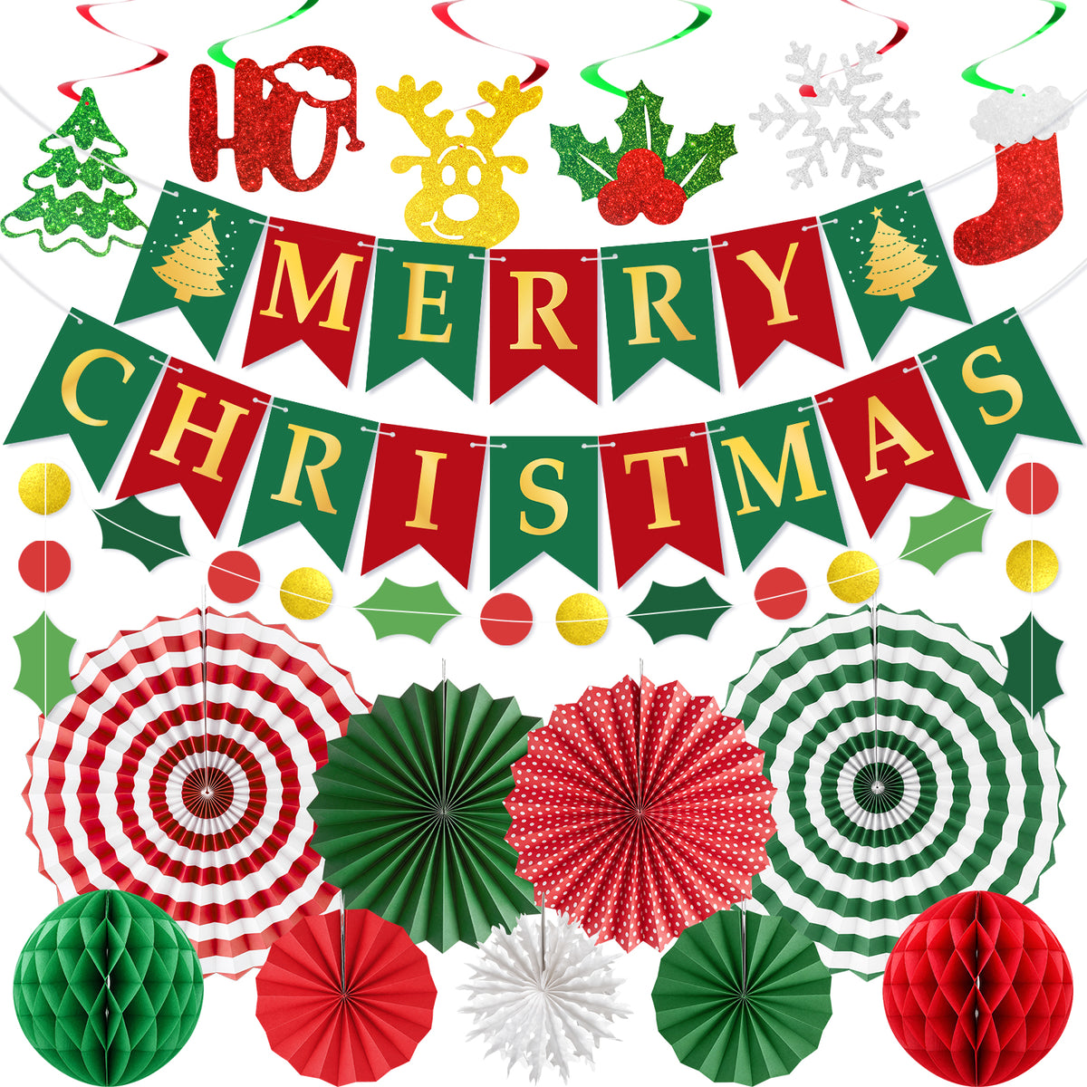 Adeyoo Christmas Decorations, 18Pcs Merry Christmas Paper Decoration Banner Honeycomb Ball, Paper Fan, Snowflakes, Swirls and Merry Christmas Banner, Christmas Ceiling Decorations for Indoor Xmas Party