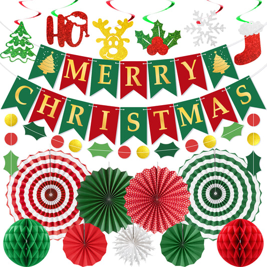 Adeyoo Christmas Decorations, 18Pcs Merry Christmas Paper Decoration Banner Honeycomb Ball, Paper Fan, Snowflakes, Swirls and Merry Christmas Banner, Christmas Ceiling Decorations for Indoor Xmas Party