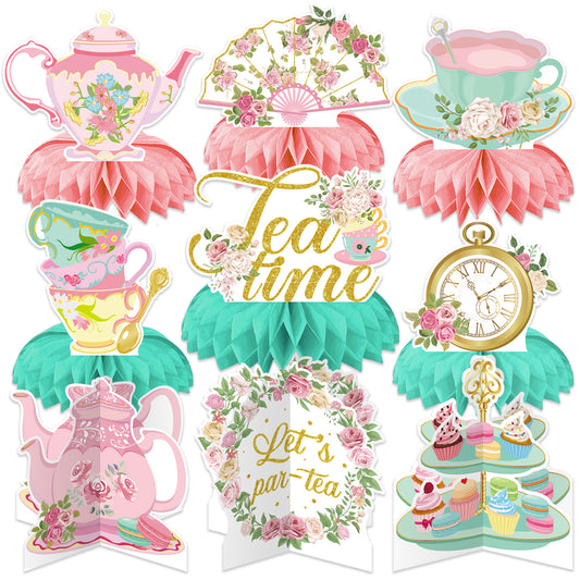 Tea Party Decorations, 9 Pcs Tea Party Table Decorations for Girls | 3D Tea Party Centerpieces for Tables, Floral Teapot Honeycomb Centerpieces for Birthday, Baby Shower Spring Party Supplies