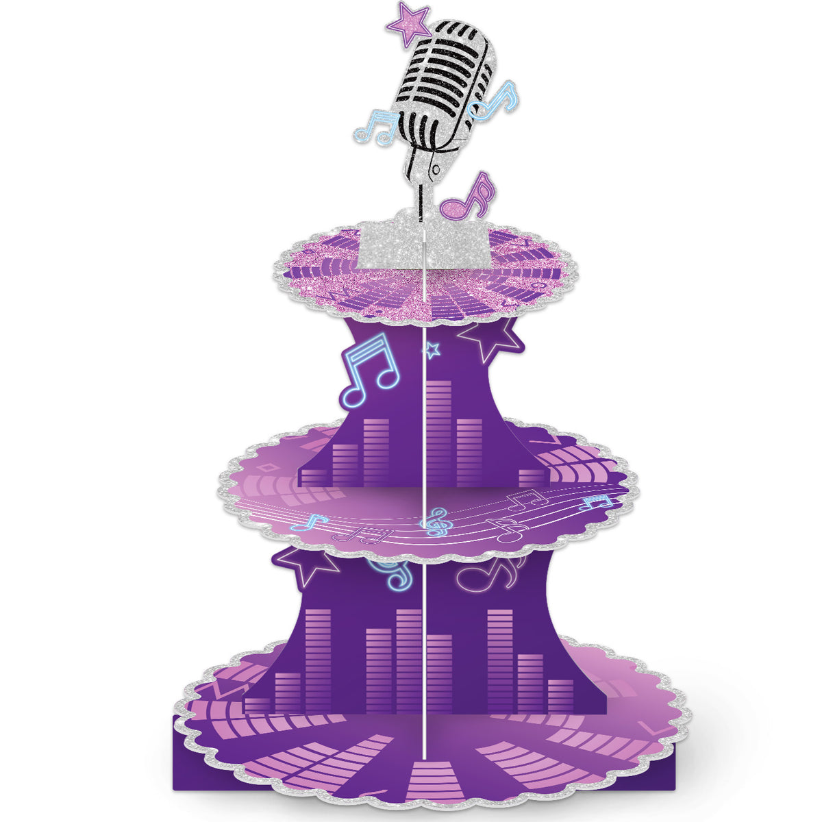 3 Tier Music Cupcake Stand, Purple Cupcake Holder for Music Party Microphone Cardboard Cup Cake Stand for Dessert Table Displays, Music Birthday Decorations for Birthday Wedding Party