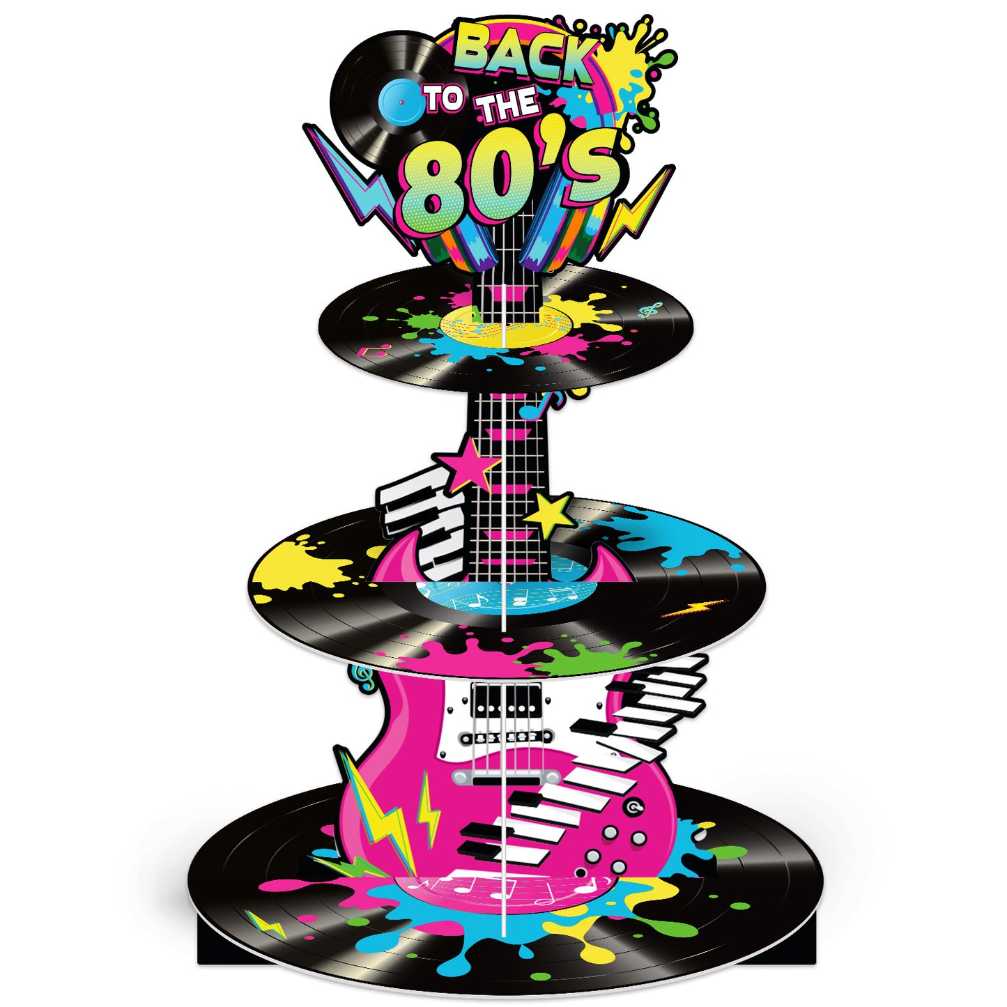 3 Tier 80s Cupcake Stand, Back To The 80's Guitar Cupcake Holder 1980s Cardboard Cupcake Stand, Neon Rock Cup Cake Stand for Dessert Stand, Hip Hop Rock Disco Music Birthday Party Decoration