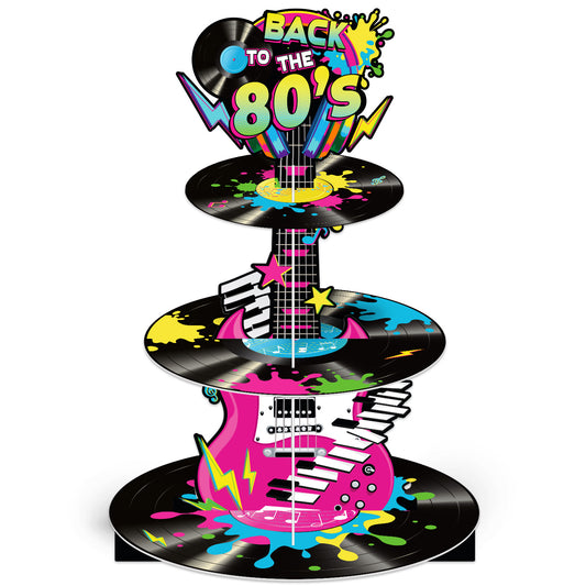 3 Tier 80s Cupcake Stand, Back To The 80's Guitar Cupcake Holder 1980s Cardboard Cupcake Stand, Neon Rock Cup Cake Stand for Dessert Stand, Hip Hop Rock Disco Music Birthday Party Decoration