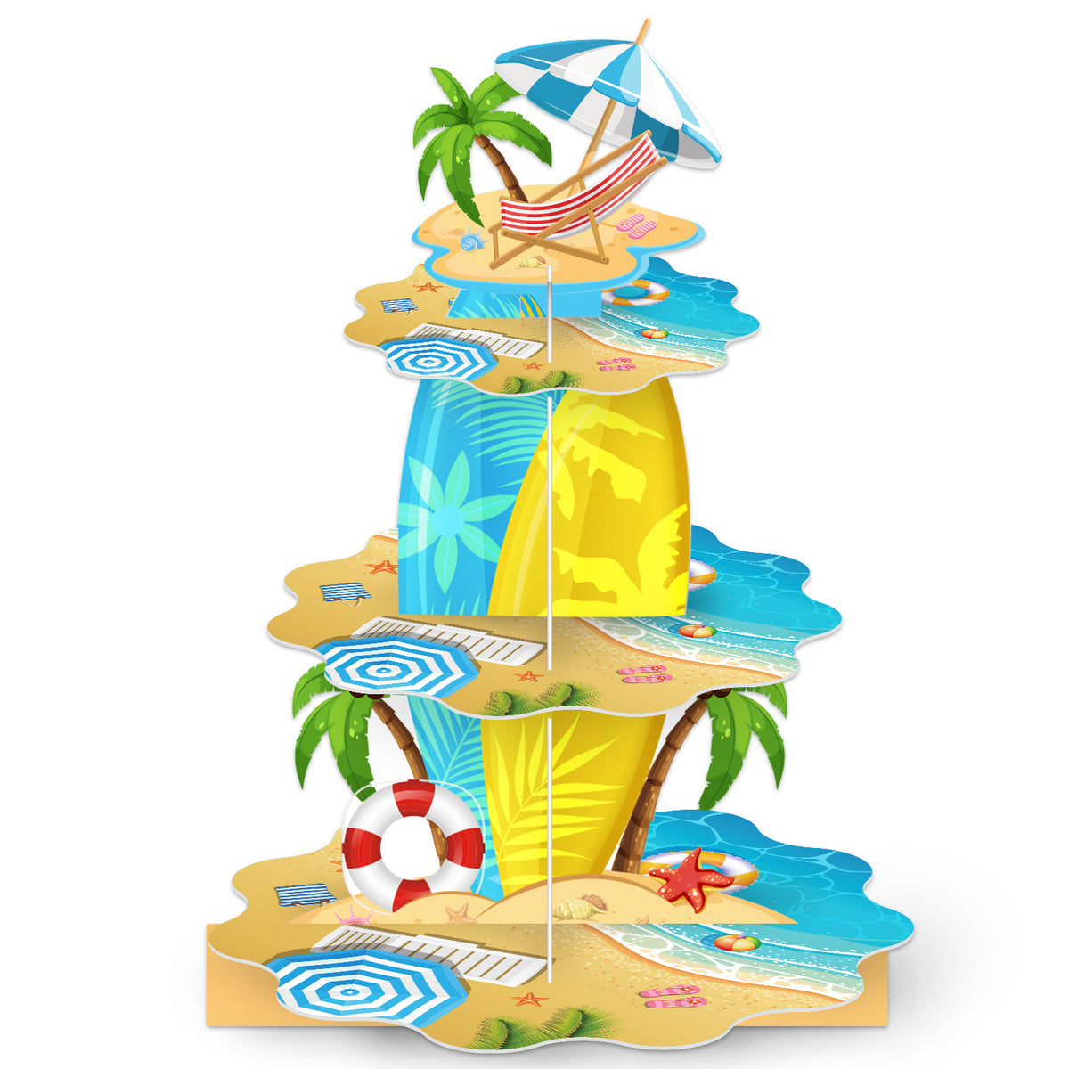 3 Tier Summer Beach Cupcake Stand, Pool Cupcake Holder Cardboard Cupcake Stand for Dessert Table Displays, Hawaiian Party Decorations for Summer Beach Tropical Pool Birthday