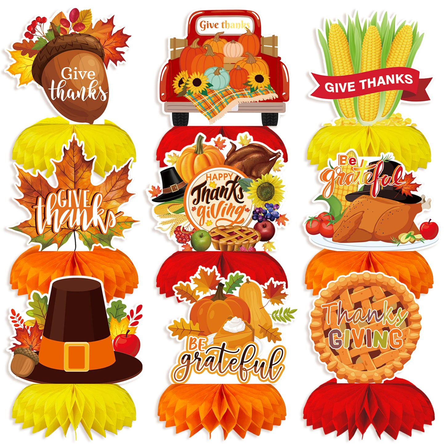 Thanksgiving Table Decorations, Fall Harvest Honeycomb Centerpieces | 9 Pcs Fall Table Decorations with Turkey and Pumpkin, Thanksgiving Centerpieces for Dinner Table, Home & Office Decorations