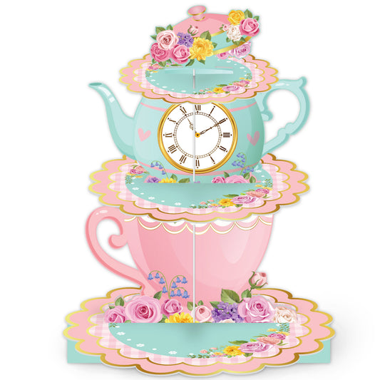 3 Tier Tea Party Cupcake Stand, Floral Teapot Cupcake Holder Cardboard Cupcake Stand for Dessert Table Displays, Vintage Afternoon Tea Stand, Tea Party Decorations for Princess Birthday