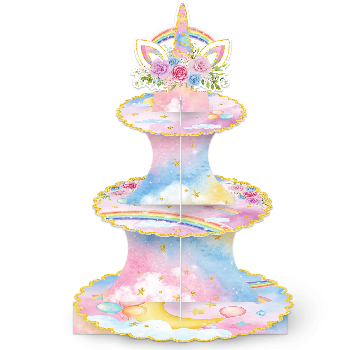 3 Tier Rainbow Cupcake Stand, Pastel Cake Stand for Rainbow Decor Pink Blue Cardboard Cupcake Holder for Dessert Table Display, Rainbow Birthday Decorations for Girls' Magical Floral Party